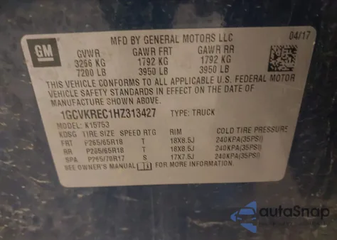 2017 Chevrolet Silverado 1500 2Lt z USA, uszkodzony, nr VIN 1GCVKREC1HZ313427